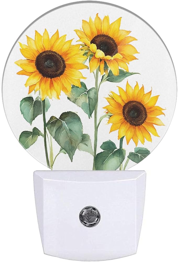 Plug-in Watercolor Sunflower Bouquet Night Light Yellow Blooms Floral Night Lights Plug into Wall with Auto on/Off Sensor, 0.5W LED Nightlight for Bedroom Bathroom Kitchen Hallway