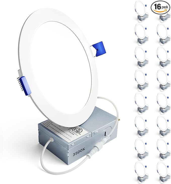 Ensenior 16 Pack 6 Inch LED Recessed Ceiling Light, Dimmable, 3500K Neutral White, 1050LM 12W 120V, High Brightness Canless Wafer Downlight - ETL&FCC&IC