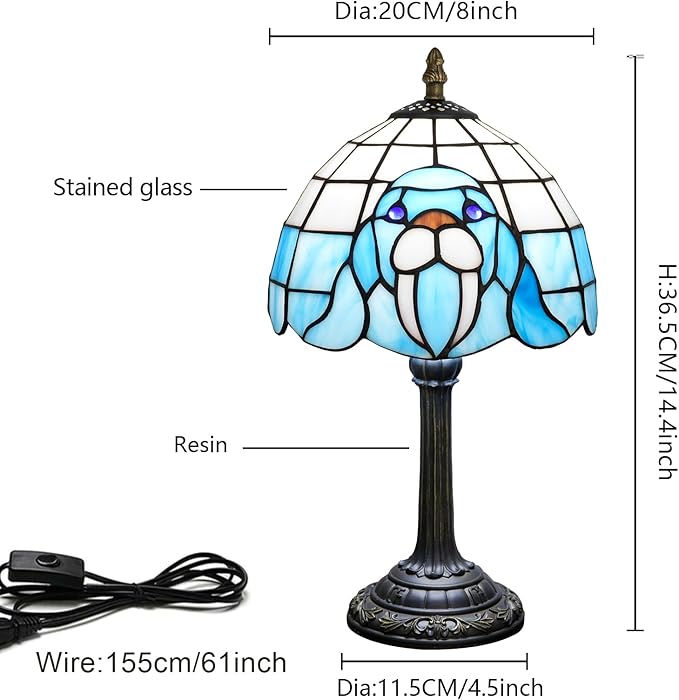 Tiffany Table Lamp Walrus Blue Stained Glass Bedside Lamp Antique Unique Cute Accent Nightstand Light for Home Living Room Office Dormitory Bar Decorate