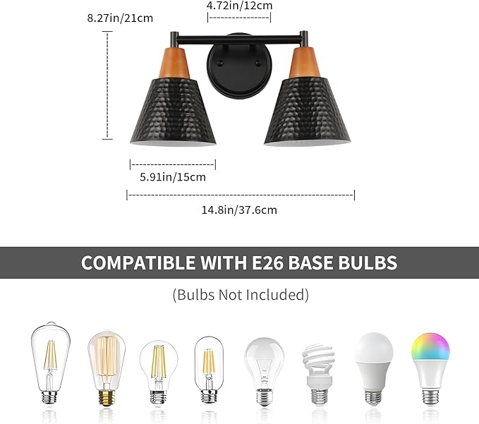 Black 2 Light Vanity Light, Vintage Industrial Bathroom Light, Suitable for Bathroom, Bedroom, Living Room