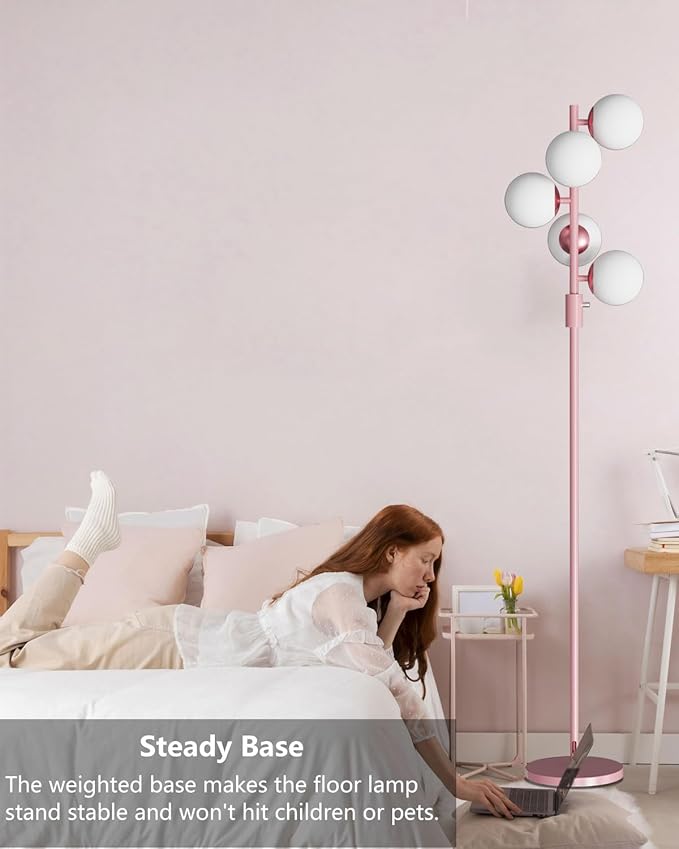 64IN Dimmable Pink Floor Lamp, Tall Standing Lamps with 5 Globe Soft Warm White Eye Care 3000K G9 Bulbs, Mid Century Modern Floor Lamp for Living Room Bedroom Office