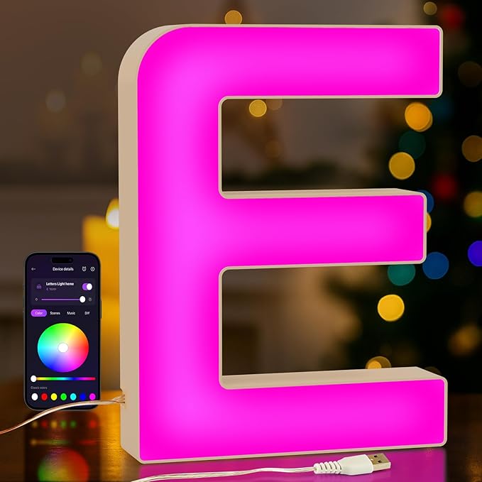 Light Up LED Letter Lights – USB Powered Color Changing Alphabet Sign, APP Controlled Night Light for Bedroom, Party, Birthday, Christmas & Valentine Decorations, E