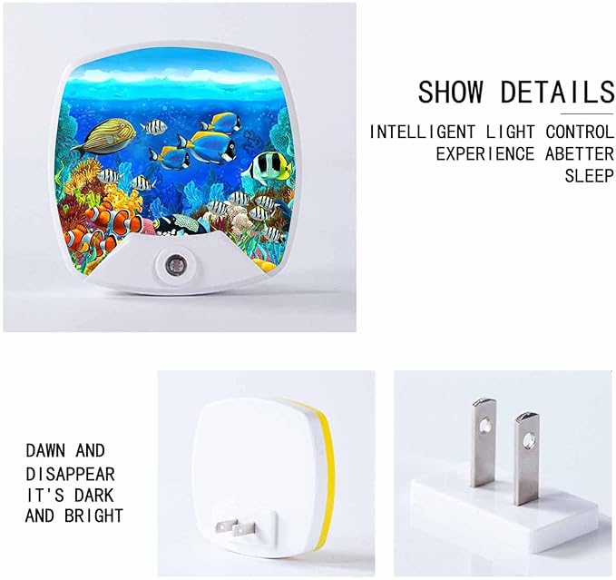 LED Square Night Light,Beautiful Colorful Underwater Fish LED Night Light Plug into Wall with Dusk to Dawn Light Sensor White Energy Efficient Nightlight for Bedroom Hallway LivingRoom Kitchen