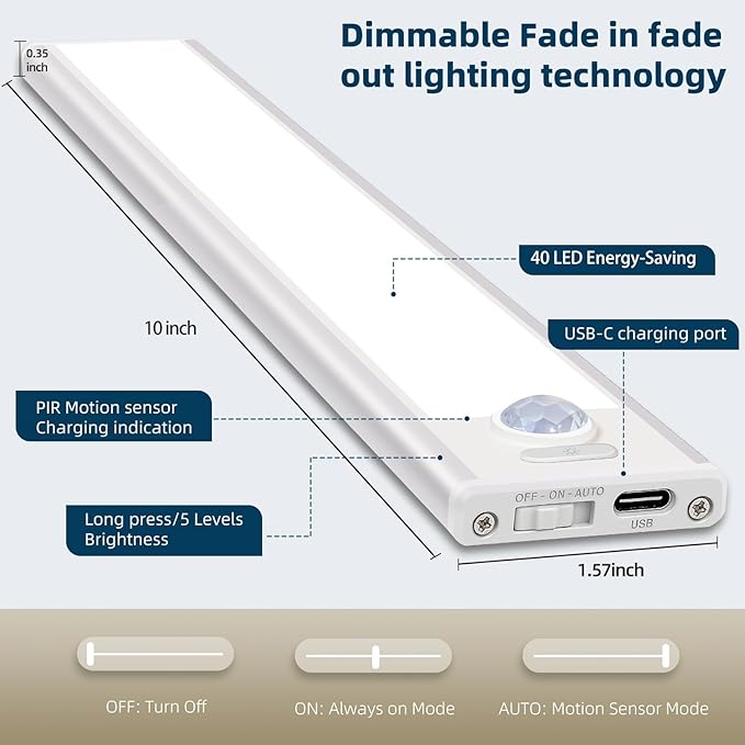 10inch Under Cabinet Lighting, 4 Pack Rechargeable Motion Sensor Light Indoor, Wireless Dimmable Magnetic Closet Lights, 40 LED Under Counter Lights for Kitchen, Wardrobe, Stairs, White Light