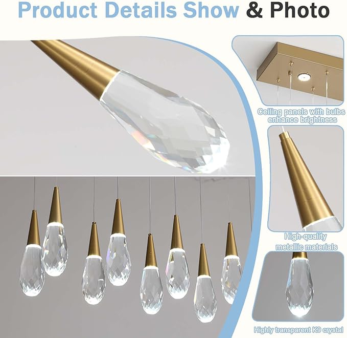 Rectangular Chandelier 24-Lights LED Dimmable Raindrop Chandeliers for High Ceiling Large Chandelier Light Fixture Gold High Ceiling Pendant Lights for Villa Living Room Staircase