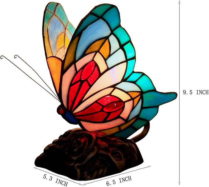 Small Tiffany Table lamp Stained Glass Butterfly Desk Lamp 7X5X9.8 Inch Accent Antique Light (Blue Red Butterfly)