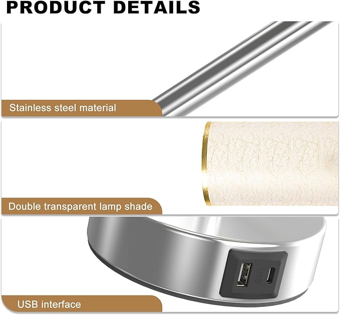 Table Lamp for Bedroom with Touch Control,Bedside Lamp with USB C+A Charging Ports& AC Outlets, Adjustable 3color LED Light for Home Decor/Nightstand/Bedroom/Office,Included Bulb and Fabric Lamp Shade