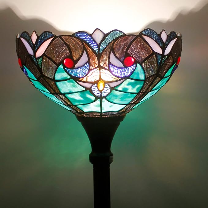 WERFACTORY Tiffany Floor Lamp Green Liaison Stained Glass Light 12X12X71 Inches Pole Torchiere Standing Corner Torch Uplight Decor Bedroom Living Room Home Office S160G Series
