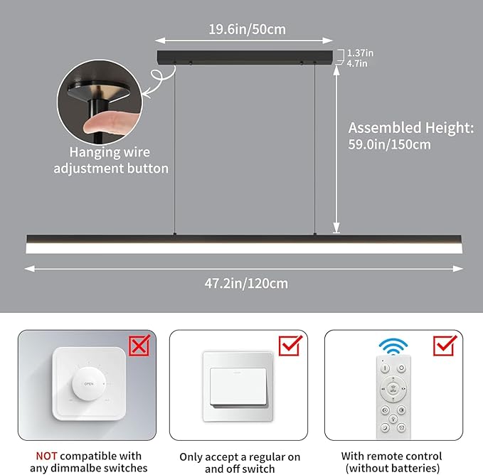 Modern Linear Pendant Light, 47IN Modern Chandelier with Remote Control 3000k-6500K Adjustable Color Temperature，Aluminum Island Lighting Lamp for Dining Room, Living Room