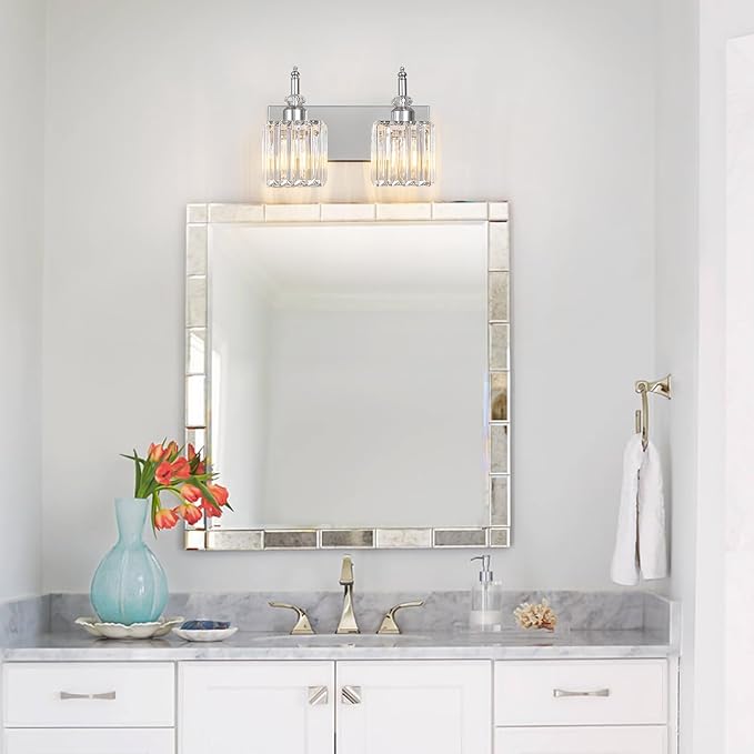 Modern Bathroom Vanity Light 2-Light Chrome Crystal Light Fixtures Over Mirror for Bathroom Wall Sconce