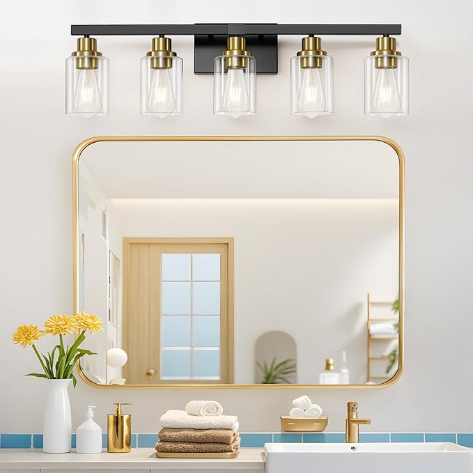 5-Light Black and Gold Bathroom Vanity Light, 30" Modern Vanity Lighting Fixture, Bathroom Light Fixtures, Wall Sconces with Clear Glass Shade, Black Bathroom Wall Light Over Mirror