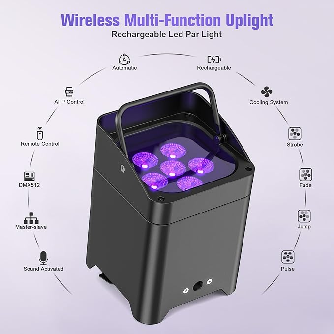 Rechargeable Battery Powered Stage Lights, 6-in-1 RGBWA+UV, 108W 9600mAh 6LED Par Lights DMX/APP/Remote/Strobe Wireless Uplights for Events Church Wedding DJ Live Show Party Christmas(1 Pack)