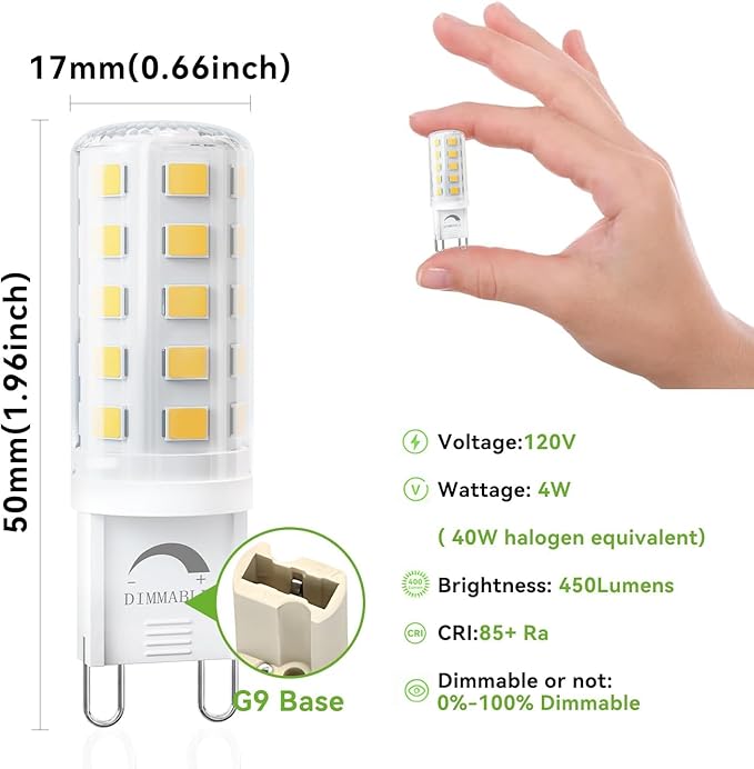 TJOY 24 Pack Dimmable G9 LED Bulb 4W Equivalent 40 Watt, Daylight White 6000K, T4 G9 Bi-pin Base Halogen Replacement, G 9 Socket Light Bulb for Chandelier Wall Sconce, 120V No Flicker, 450LM