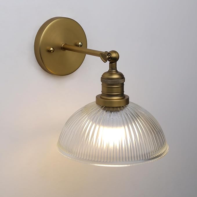 Pathson Battery Operated Wireless Wall Sconce, Rechargeable Modern Wall Vanity Light, Striped Glass Bowl Lampshade, Remote Dimmable Wall Lighting Indoor Led Wall Lamp Fixture for Bedroom Living Room