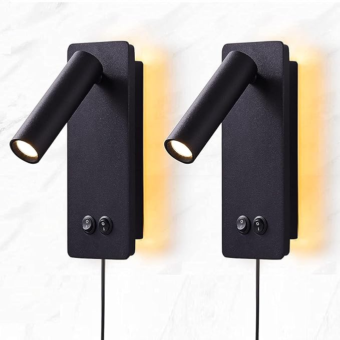LED wall lamp and reading light two-in-one multifunctional wall sconces. LED Wall Lamp Plug in for Bedroom Bedside Wall Sconces Set of Two Black Reading Light 3W+6W Night Light 3000K(BLACK)