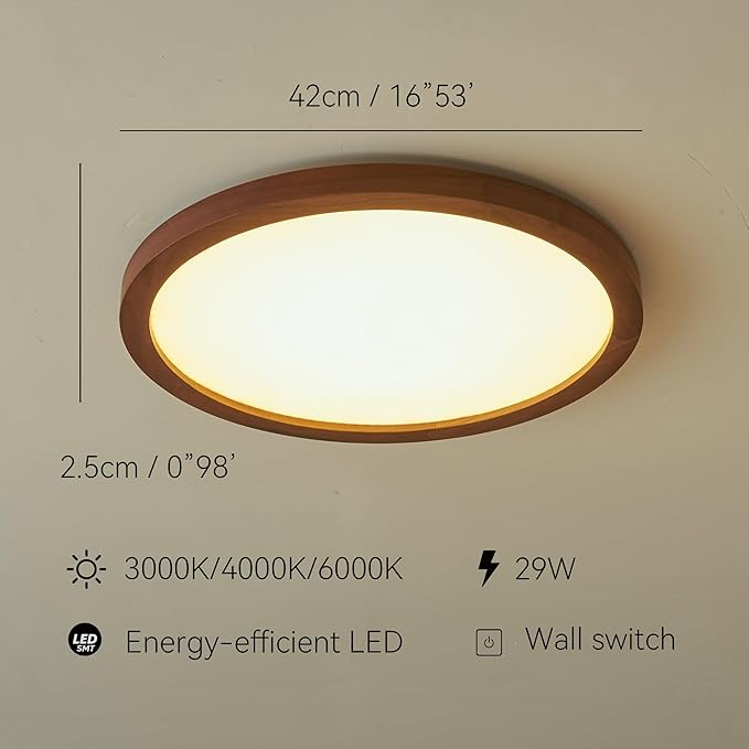 Ultra-Thin LED Ceiling Light Fixture 16.53", Handcrafted Walnut Wood Modern Wabi-Sabi Style, Slim 2.5cm Profile, 37W LED 3000K-4000K-6000K, Round Minimalist Lamp for Bedroom Kitchen Hallway