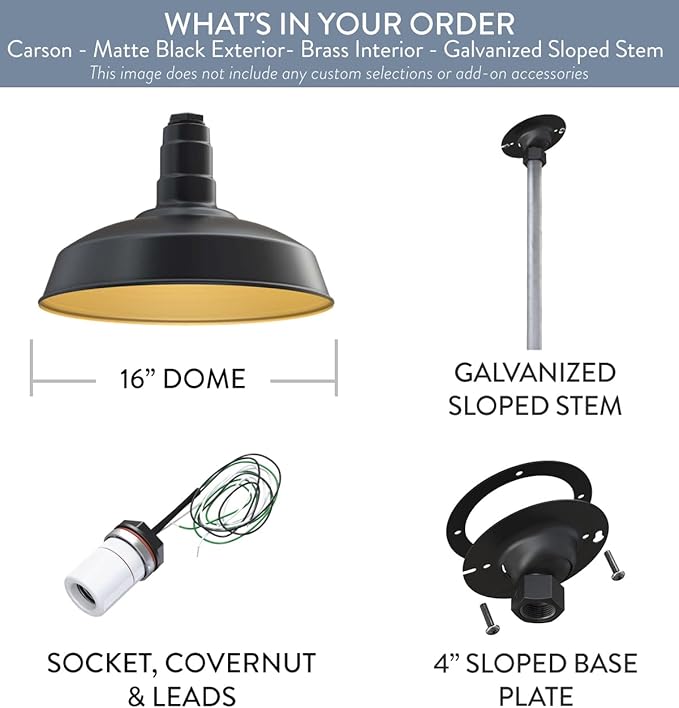 Steel Lighting Co. Carson Barn Light | Ceiling Mounted Pendant | 16 inch Dome | 12 inch Sloped Stem | Industrial Style Steel Light Made in America | Matte Black Exterior/Brass Interior