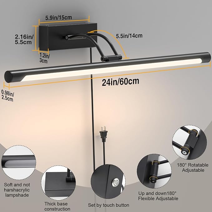 Plug in Picture Light for Wall Mural LED Art Light with On/Off Switch, 3000K Warm White Brightness Adjustable Gallery Painting Lights for Picture Display Dartboard Art Work (Black, 24inch)