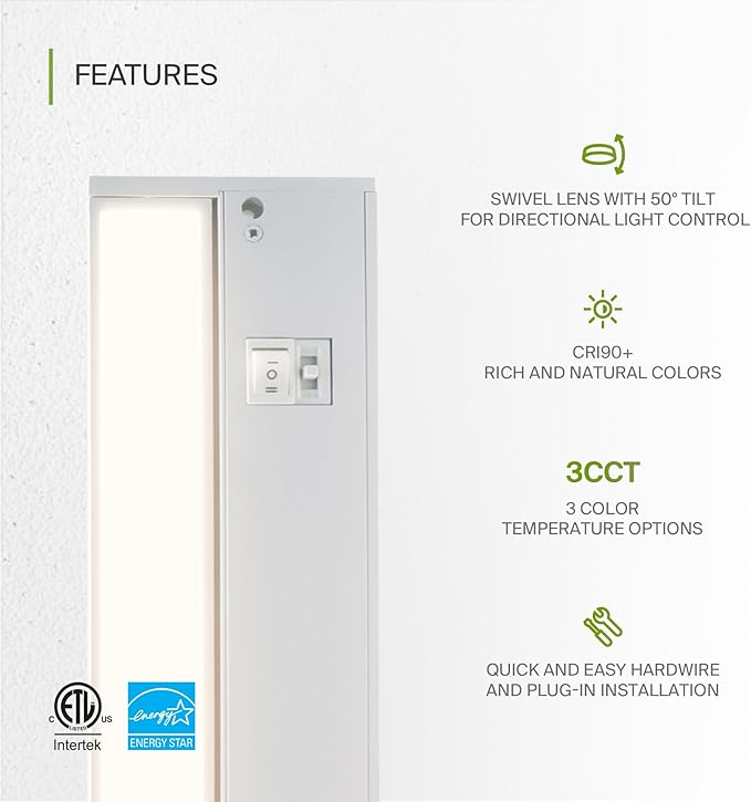 ASD Swivel LED Under Cabinet Lighting, 32 Inch 16W, Hardwired or Plug-in, 2700K/3000K/4000K, Hi/Low Switch, Rotatable Lens, Dimmable Linkable Under Counter Light for Kitchen, ETL & Energy Star