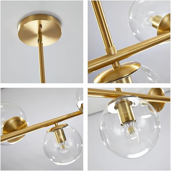 KCO Lighting 7-Light Clear Glass Globe Sputnik Chandelier Lighting Mid Century Modern Pendant Hanging Light Ceiling Gold Brass Chandeliers for Kitchen Island Dining Living Room