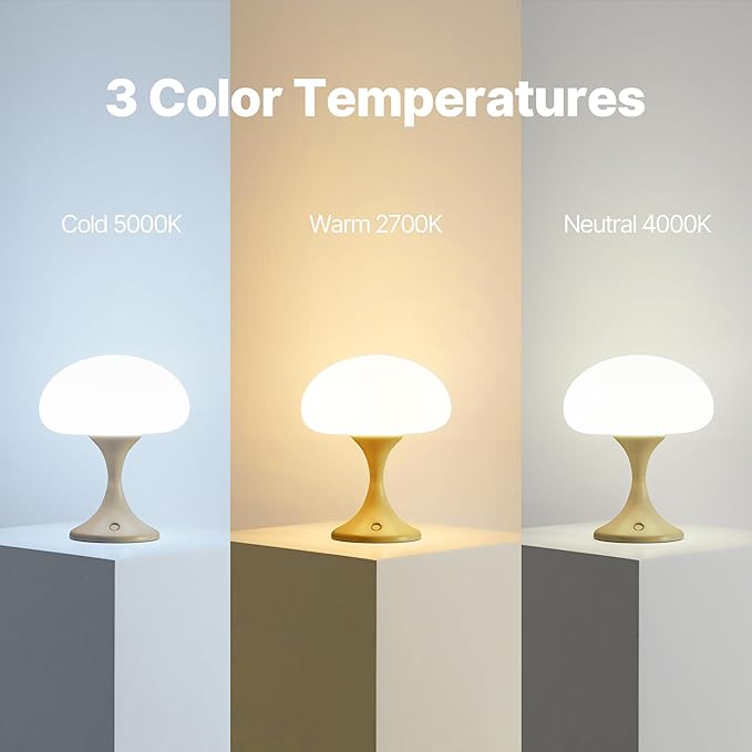 Mushroom Lamp, 5W LED Cordless Rechargeable Table Lamp with Glass Shade, Small Retro Dimmable Touch Light with 3 Color Temps, Aesthetic Mid Century Bedside Light for Bedroom Ambient, Mustard