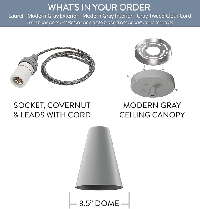 Steel Lighting Co. Laurel Pendant Light | Ceiling Mounted | 8.5 inch Cone Shade | Modern Contemporary Farmhouse Style Made in America | Gray Tweed Cloth Cord | Modern Gray Exterior/Interior