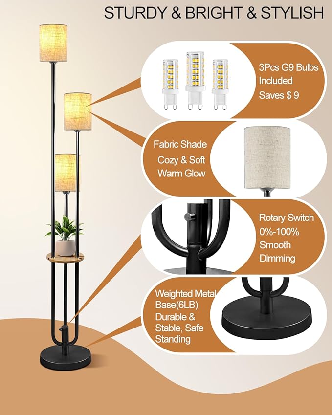 63IN Dimmable Floor Lamp with Shelf, Unique Black Tall Standing Lamps with Table, 3000K Warmwhite Mid Century Modern Floor Lamp for Living Room/Bedroom (Bulbs Included)