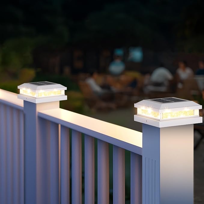 12-Pack Solar Post Cap Lights Outdoor, Waterproof Solar Powered Fence Post Lights for 4x4 4.5x4.5 5x5 Vinyl/Wooden, White Outside 16LEDs Warm/Cool Lighting Deck Light for Garden, Patio, Porch