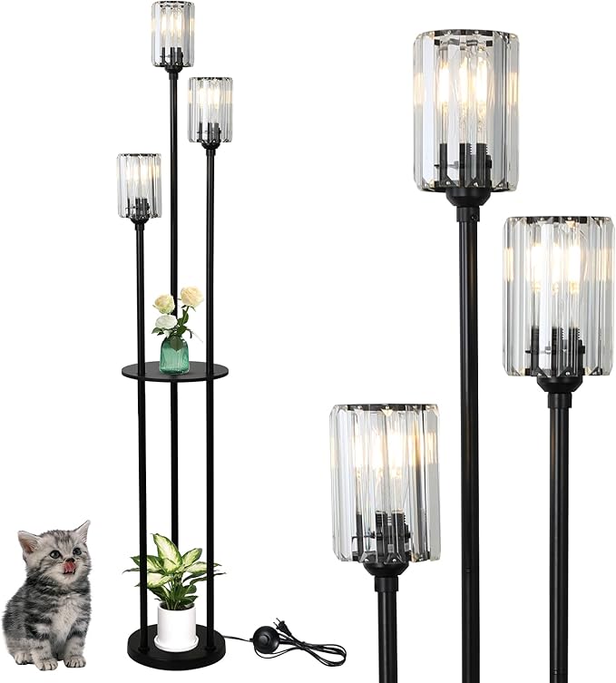 HMVPL Crystal Floor Lamp with Shelves, Modern Floor Lamps for Living Room, 3-Light Standing Lamps with Table, Black Tall Lamp with Crystal Shade, On/Off Foot Switch, Corner Floor Lamp for Bedroom