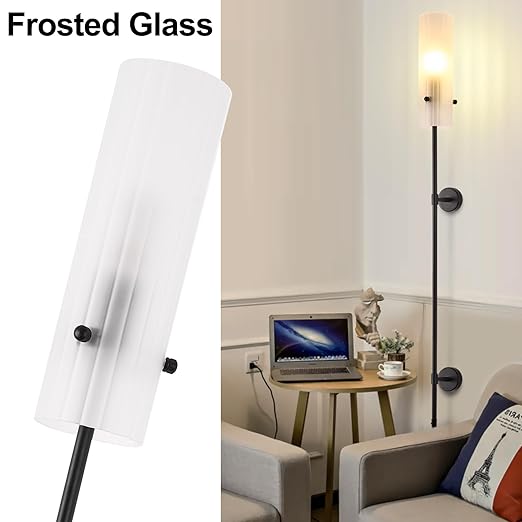 Modern Plug in Wall Sconce LED Wall Light Set of Two with On Off Switch, Cylindrical Frosted Glass Plug in Sconce for Living Room Wall Decro, Bedroom, Hallway