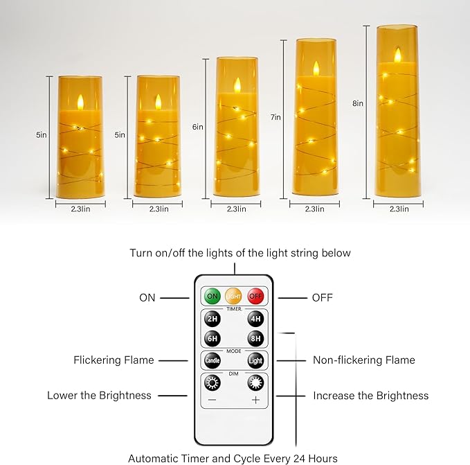 Flameless LED Candles with Timer 5 Pc Flickering Flameless Candles for Romantic Ambiance and Home Decoration Stable Acrylic Shell,with Embedded Star String，Battery Operated Candles（Gold）