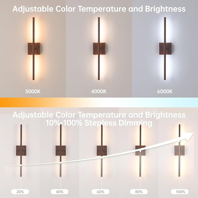 Battery Operated Wall Sconce Set of 2, 8000mAh Rechargeable Wall Sconces, 3000K-6000K Dimmable, 350°Rotate, Indoor Wall Lights for Bedroom Living Room Bathroom, Black Walnut, 23.6 Inch