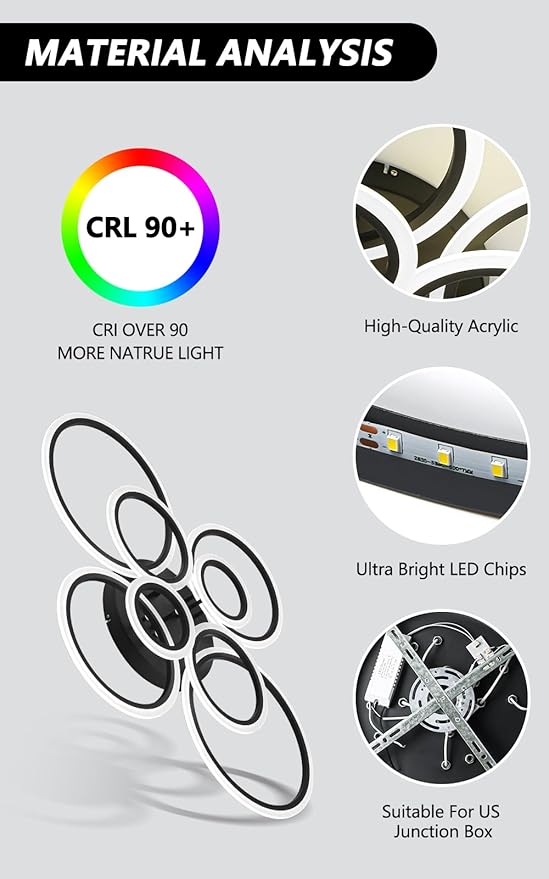 Vikaey Modern LED Flush Mount Ceiling Light, 8 Rings Black Close to Ceiling Light Fixtures, Living Room Lighting Ceiling Lamp for Dining Room, Bedroom, Kitchen, 4000K Not Dimmable