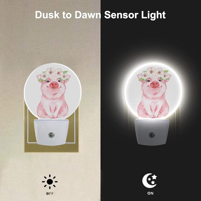 EKOBLA Pig Night Light Floral Wreath Farmhouse Cute Animal Pink Piggy Night Light with Dusk to Dawn Sensor 0.5W LED Lamp Sleep Friendly for Women Girls Birthday Christmas Gift