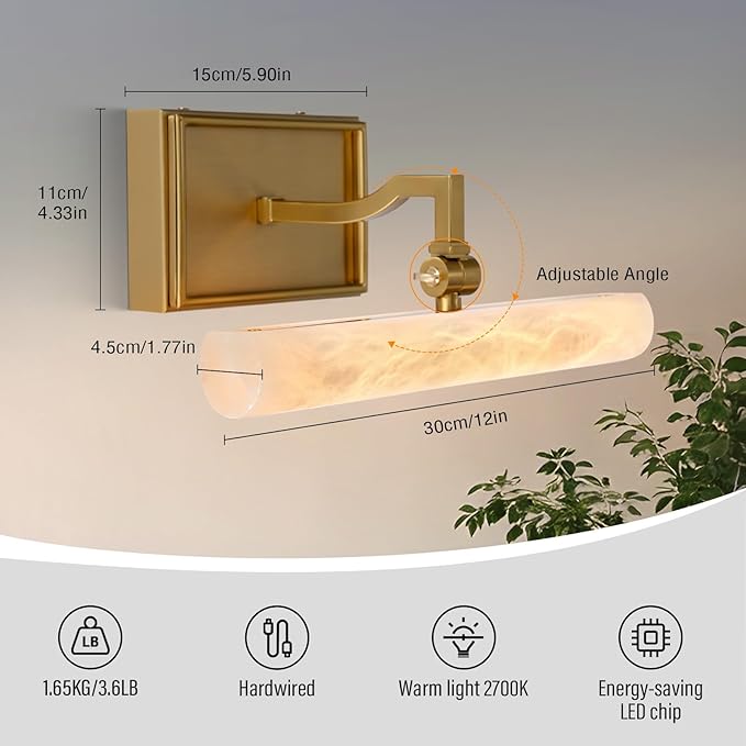12" Alabaster Picture Light, Gold Hardwired Wall Sconce Bathroom Mirror & Paintings, Adjustable Vanity Light Natural Alabaster LED Light Fixture for Hallway Bedroom Living Room