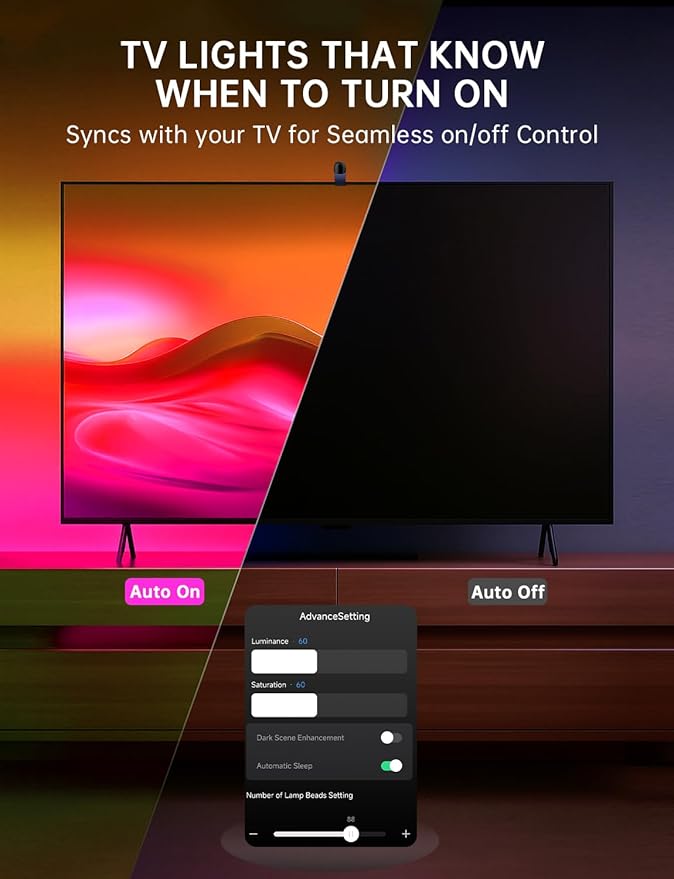 TV LED Backlight with Sensor, 14.7ft Cuttable RGB Strip Lights for 55-65 Inch Screen & PC Monitor, Smart App Control, Game and Music Sync Color That Changing