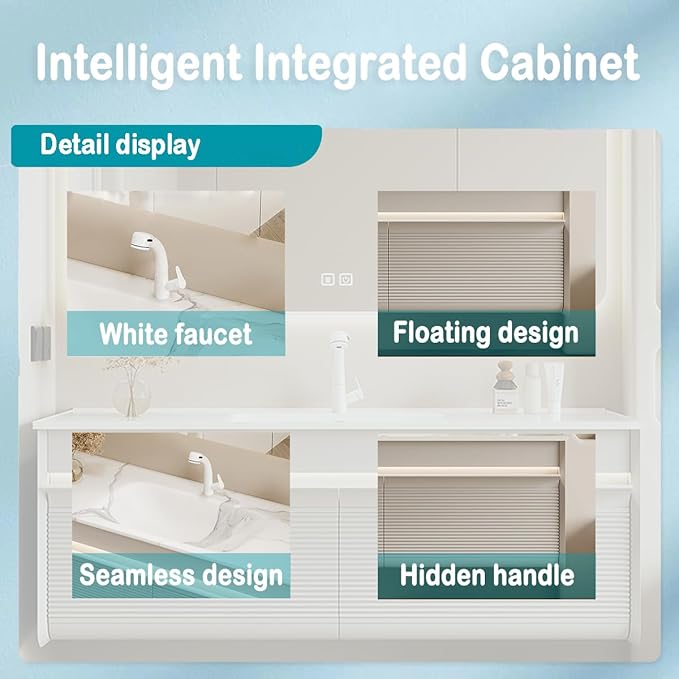 48IN Floating Bathroom Vanity - Modern Freestanding Bathroom Vanity Set with Ambient Light Intelligent Mirror Cabinet & Large Capacity Storage | Bathroom Sink Cabinet with Intelligent Defogging