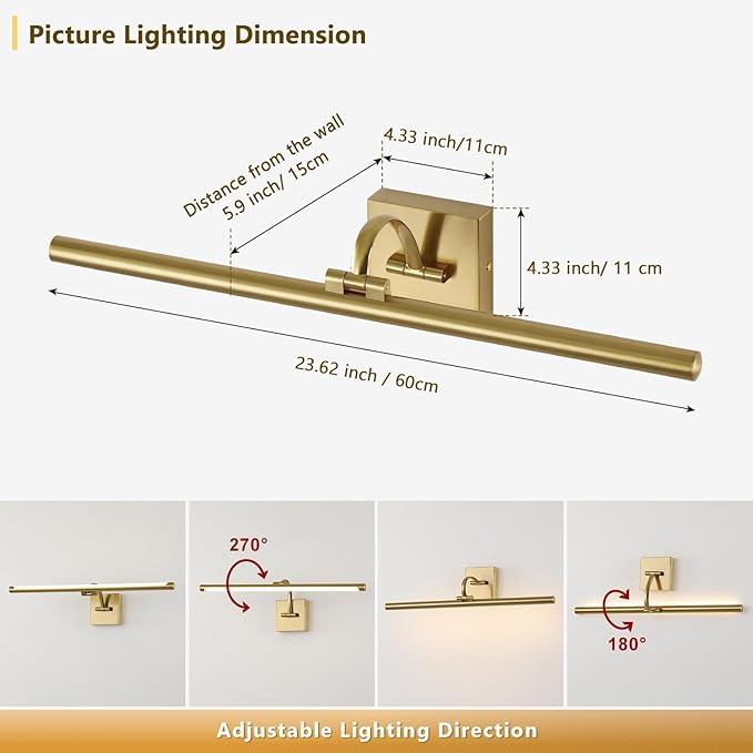 Brass Picture Lights for Wall Hardwired LED Picture Frame Light Dimmable Painting Lights for Wall Portrait Artwork 23.62 inch 14W Warm White