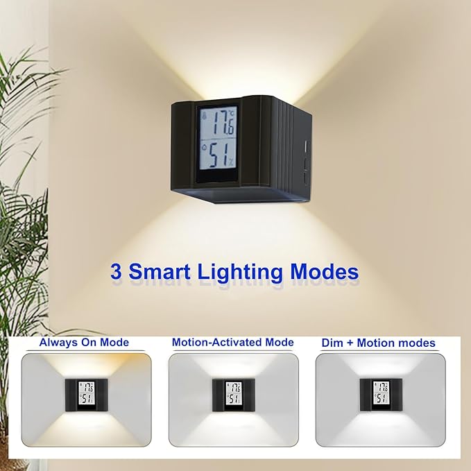 LED Wall Sconce Motion-Activated Wall Lights with Real Time Temp & Humidity Display– 3-Mode Sensor Light,USB Rechargeable,No-Drill Magnetic Mount,Modern Night Light for Hall, Stairs, Bathroom