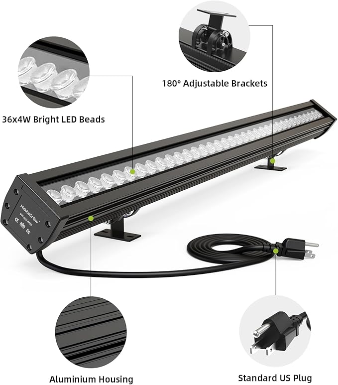 LED Wall Washer Light with RF Remote, 144W Color Changing Linear Wall Light Bar, 120V Waterproof Dimmable RGBW Landscape Spotlights for Outdoor & Indoor Lighting Projects