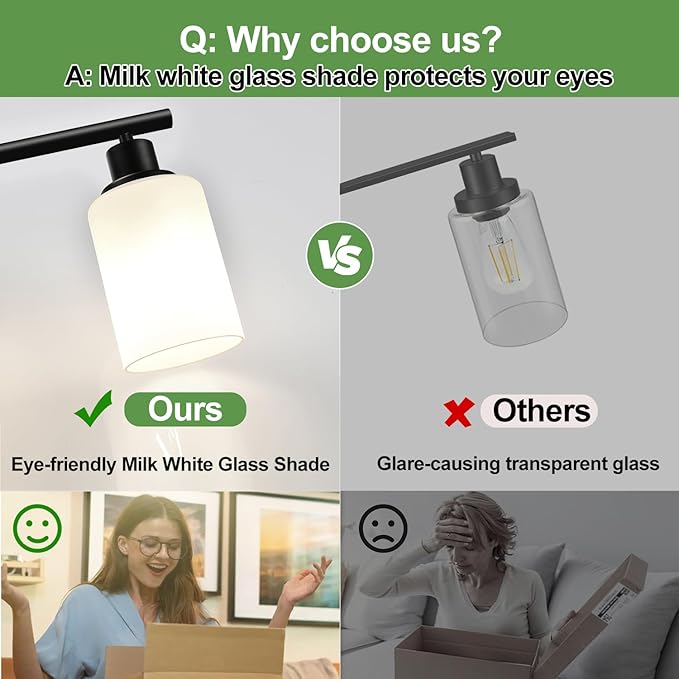 4-Light Bathroom Light Fixtures, Black Modern Vanity Lights with Milky White Frosted Glass Shades, Bathroom Wall Lamp for Mirror Kitchen Living Room