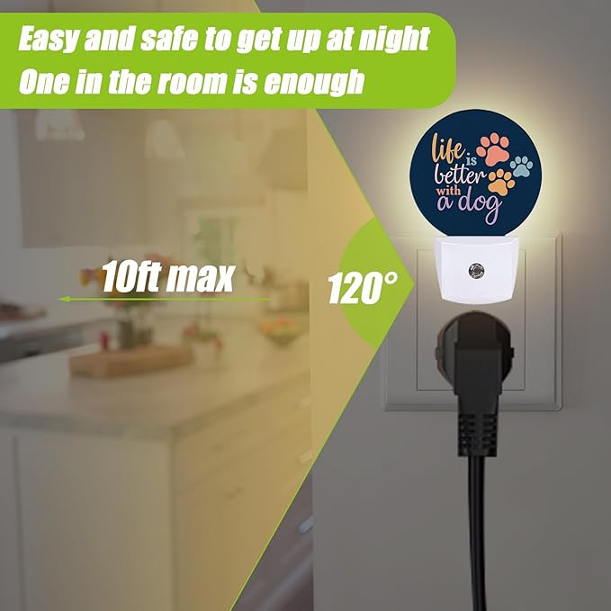 Dog Paw Night Light,Plug-in Night Lights with Dusk-to-Dawn Sensor for Bedroom Bathroom and Living Room Sleep Friendly lamp Life is Better with A Dog