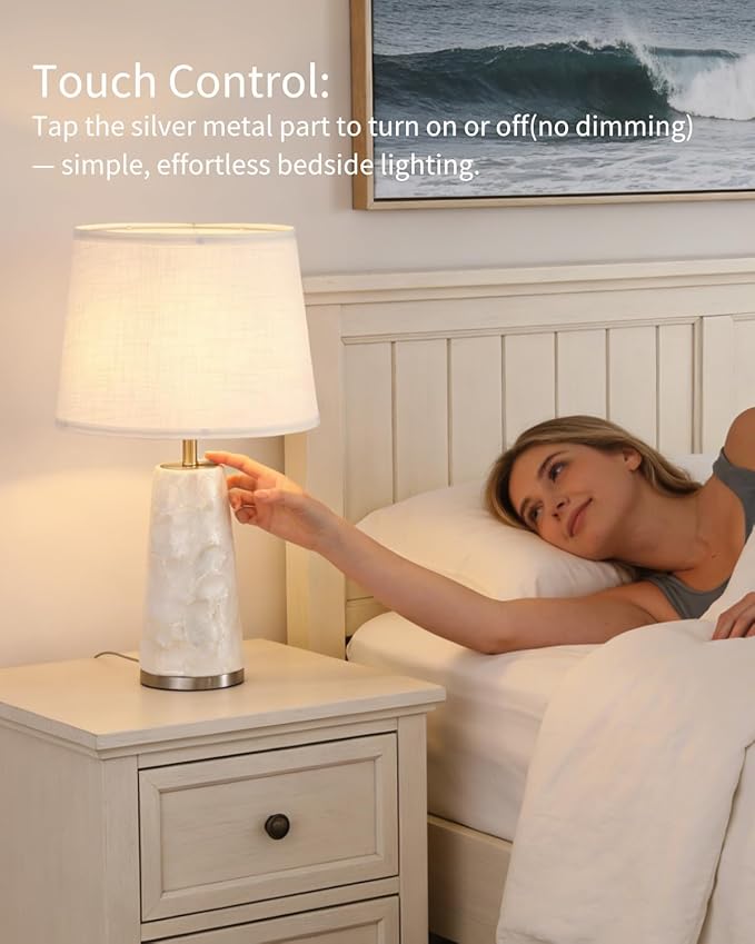 Coastal Table Lamps for Bedroom Nightstand Set of 2, Touch Control Ocean Beach Nautical Seashell Lamp, Modern Sea Shell Bedside Night Stands Light for Beachy Cottage Farmhouse Decor (Silver)