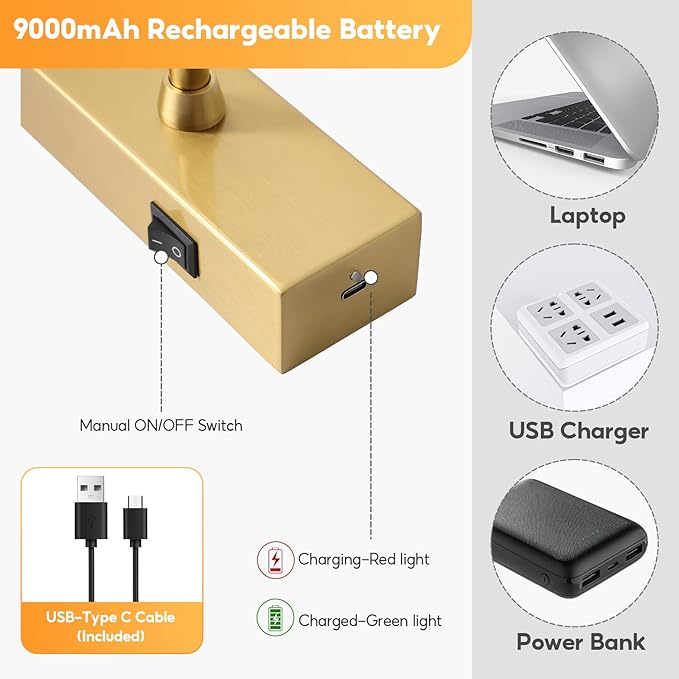 Picture Light for Wall Battery Operated, 24" Rechargeable Art Light with Remote and Timer for Painting, 9000mAh Wireless Wall Light for Display, Artwork, Portrait, Gallery, Gold
