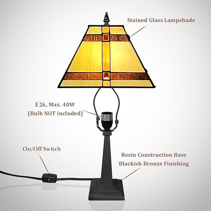 Tiffany Table Lamps,Small Handcrafted Stained Glass Accent Table Light,Amber Mission Style Antique Desk Lamp for Bedroom Living Room Home Office