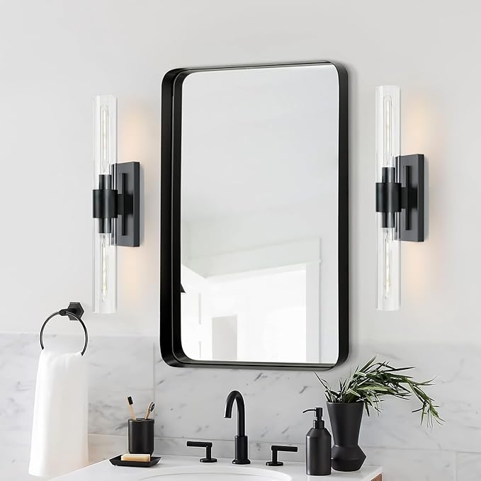 2-Light Matte Black Bathroom Light Fixtures with Glass Shades,Modern Wall Sconce for Bedroom Bath Mirror Lights.