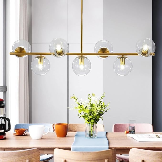 KCO Lighting 7-Light Clear Glass Globe Sputnik Chandelier Lighting Mid Century Modern Pendant Hanging Light Ceiling Gold Brass Chandeliers for Kitchen Island Dining Living Room