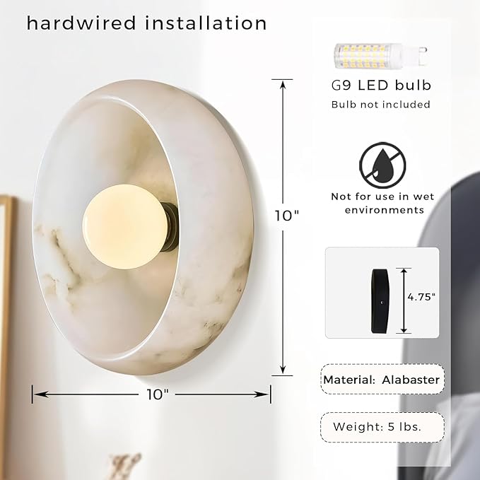 Artistic Alabaster Wall Sconce - Soft Diffused Lighting for Bedroom, Hallway & Living Room, Sculptural Design, G9 Bulb (10” Diam)