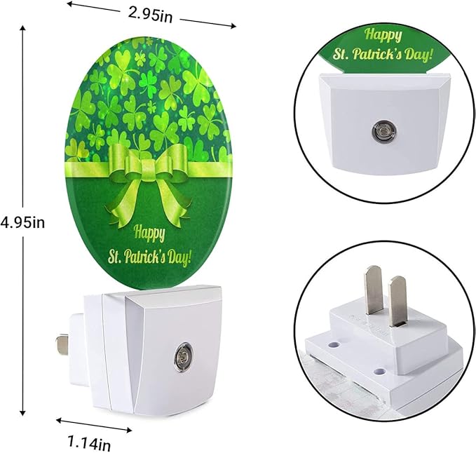 EKOBLA Shamrock Decorative Night Light Four Leaf Clover Plug-in Nightlights Auto Sensor Round LED Lamp for Men Women Boys Girls St Patrick's Day Gifts