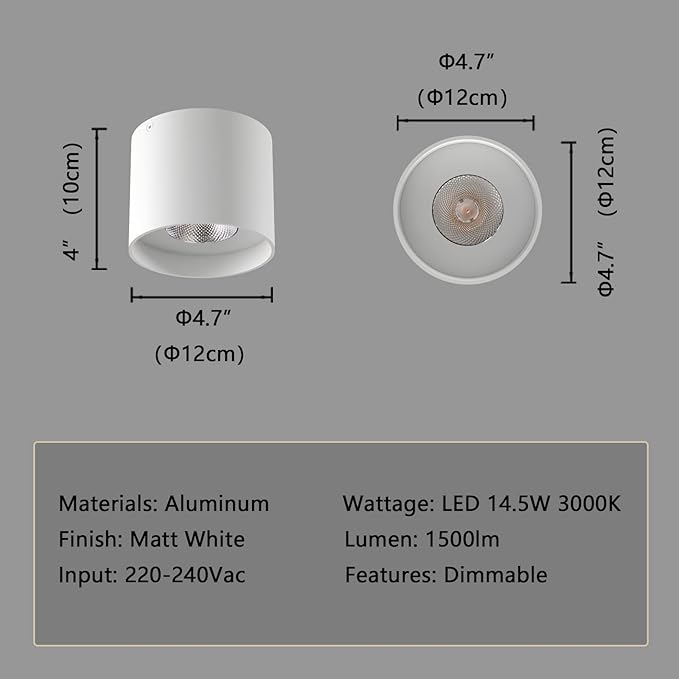 Ceiling Light Fixture, Flush Mount Ceiling Lights LED Dimmable Cylinder Ceiling Light Spot Light for Living Room Hallway Kitchen Dining Room Foyer 3000K 14.5W (White)
